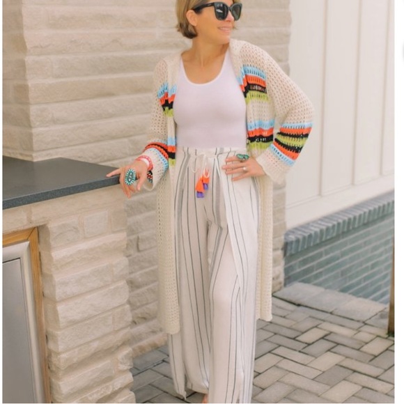 Scoop Womens Open Knit Crochet Knit Striped Boho Hooded Cardigan Kimono Sz XS - Picture 3 of 11